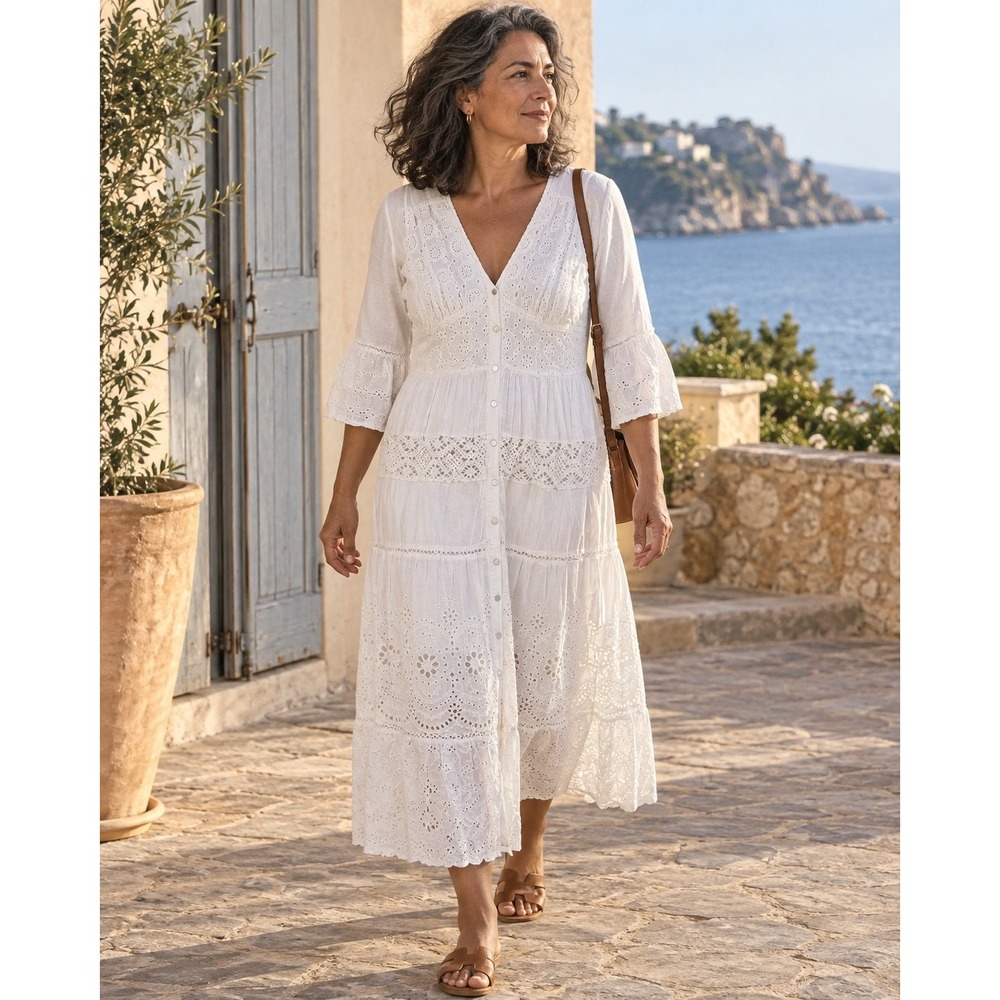 Me 2 Magic White Cotton Eyelet Lace Tiered Maxi Dress 24-012 L Boho Summer